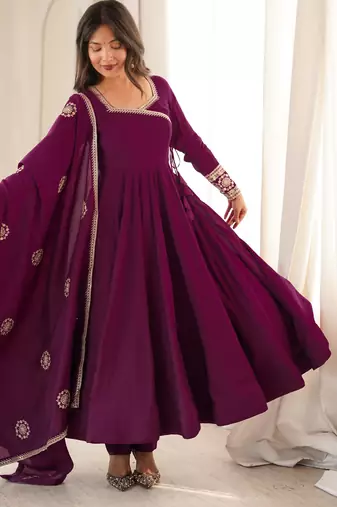 Wine roman chanderi silk blend angrakha anarkali suit set