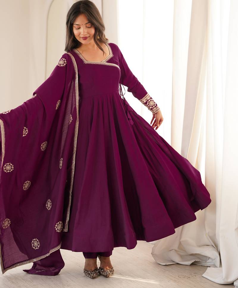 Wine roman chanderi silk blend angrakha anarkali suit set