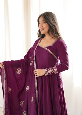 Wine roman chanderi silk blend angrakha anarkali suit set 4