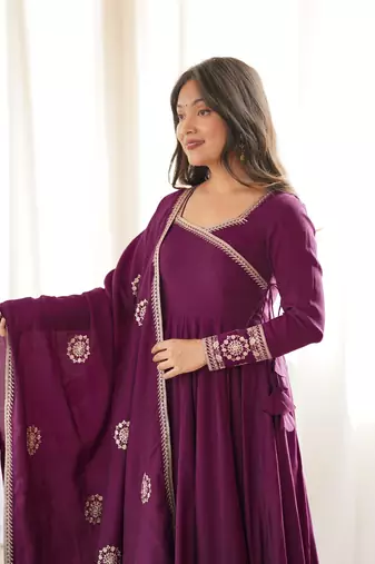 Wine roman chanderi silk blend angrakha anarkali suit set