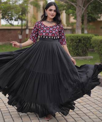 Black kora cotton with multi thread embroidered and real mirror work navratri gown 1