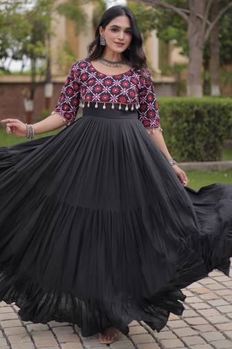 Black kora cotton with multi thread embroidered and real mirror work navratri gown