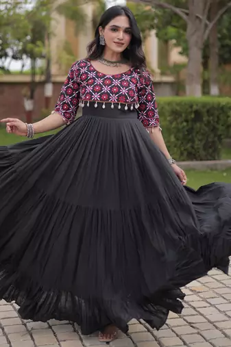 Black kora cotton with multi thread embroidered and real mirror work navratri gown
