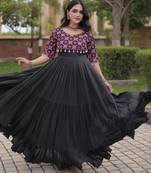 Black kora cotton with multi thread embroidered and real mirror work navratri gown