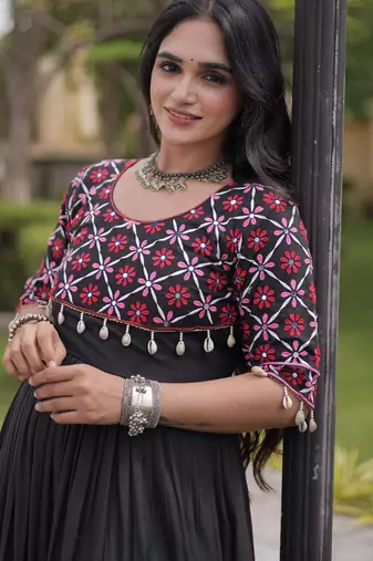 Black kora cotton with multi thread embroidered and real mirror work navratri gown