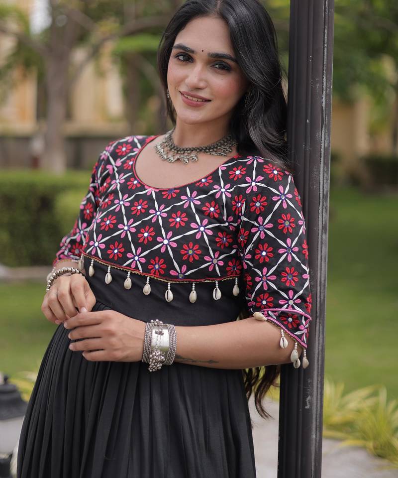 Black kora cotton with multi thread embroidered and real mirror work navratri gown