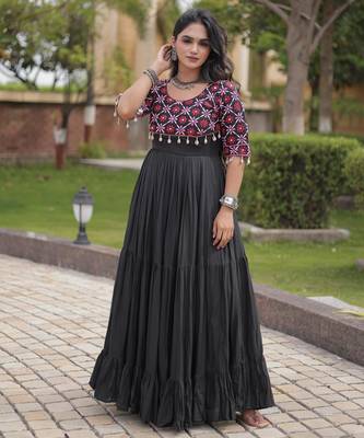 Black kora cotton with multi thread embroidered and real mirror work navratri gown 3