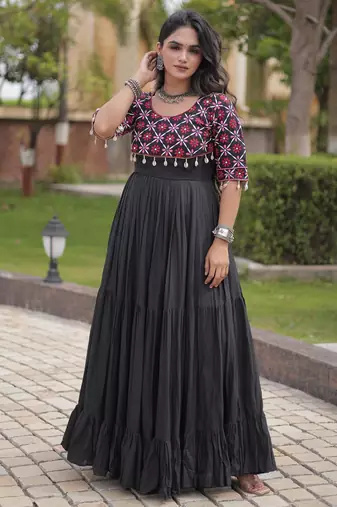 Black kora cotton with multi thread embroidered and real mirror work navratri gown