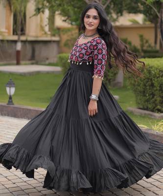 Black kora cotton with multi thread embroidered and real mirror work navratri gown 4