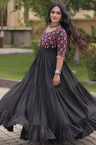 Black kora cotton with multi thread embroidered and real mirror work navratri gown