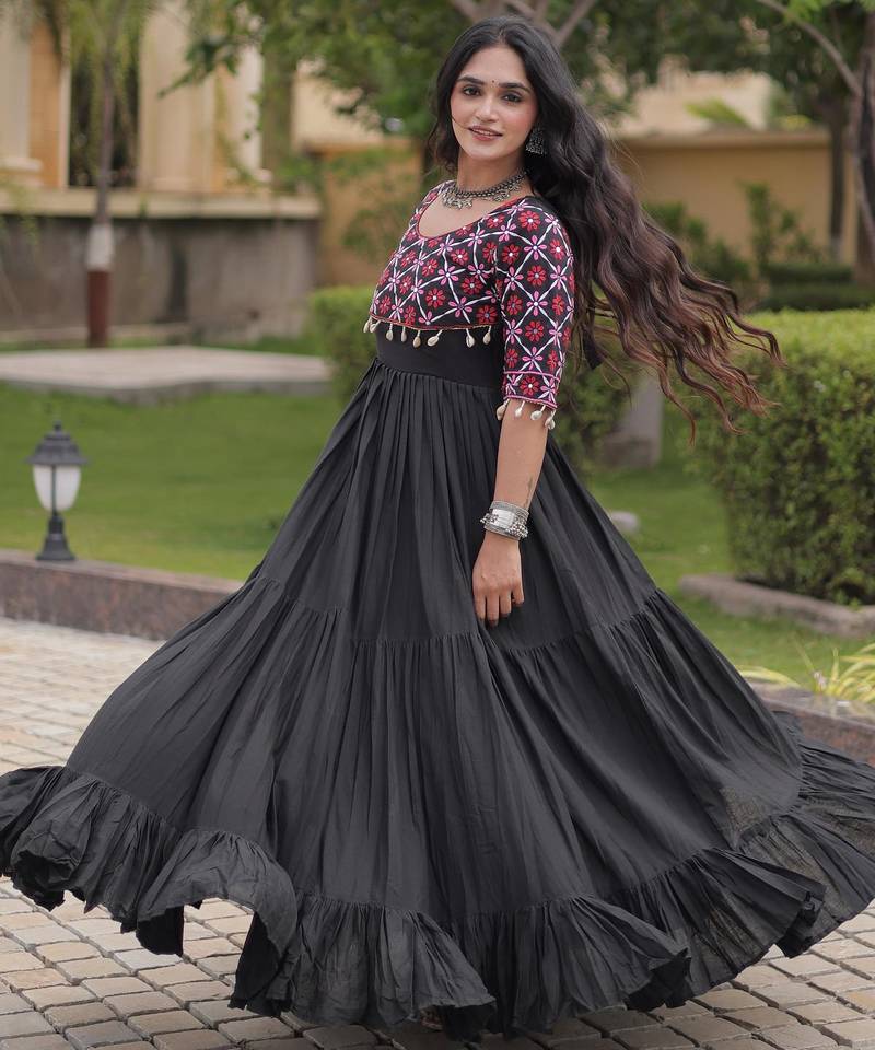 Black kora cotton with multi thread embroidered and real mirror work navratri gown