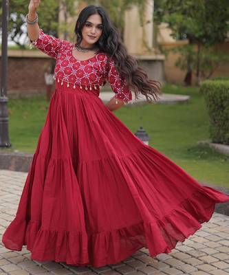 Maroon kora cotton with multi thread embroidered and real mirror work navratri gown 1
