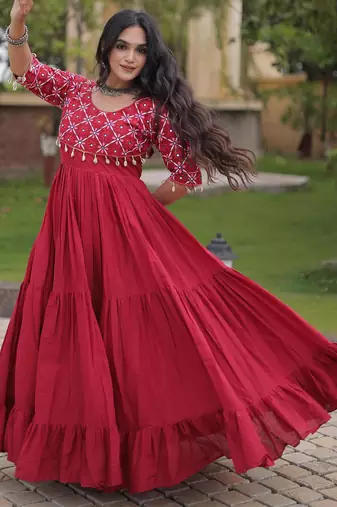 Maroon kora cotton with multi thread embroidered and real mirror work navratri gown