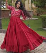 Maroon kora cotton with multi thread embroidered and real mirror work navratri gown