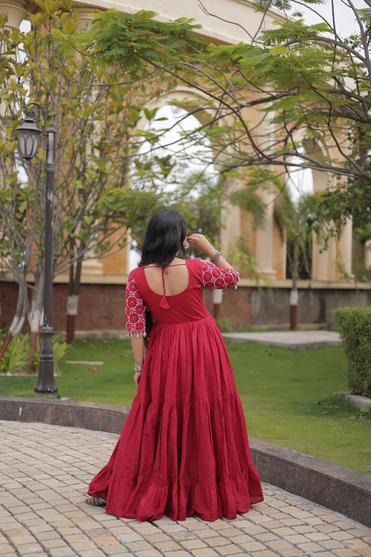 Maroon kora cotton with multi thread embroidered and real mirror work navratri gown