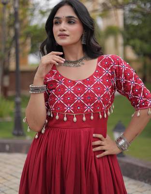 Maroon kora cotton with multi thread embroidered and real mirror work navratri gown 3