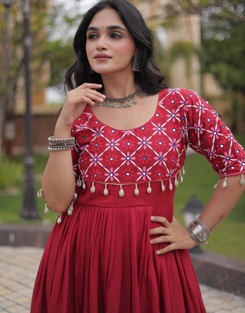 Maroon kora cotton with multi thread embroidered and real mirror work navratri gown