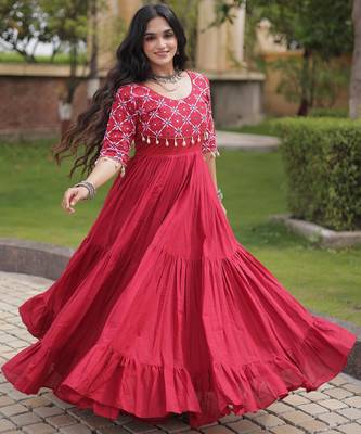 Maroon kora cotton with multi thread embroidered and real mirror work navratri gown 4
