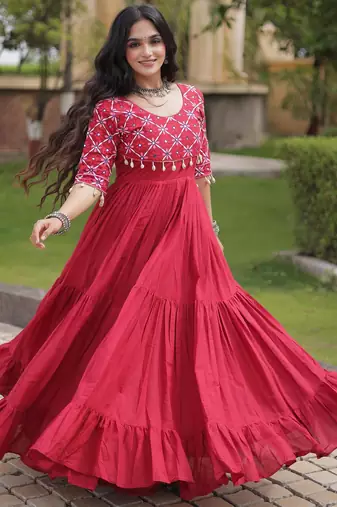 Maroon kora cotton with multi thread embroidered and real mirror work navratri gown