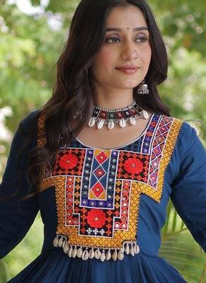 Rama rayon kutchi gamthi thread embroidered & mirror work navratri gown 2