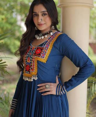 Rama rayon kutchi gamthi thread embroidered & mirror work navratri gown 4