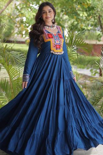 Rama rayon kutchi gamthi thread embroidered & mirror work navratri gown