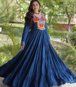 Rama rayon kutchi gamthi thread embroidered & mirror work navratri gown