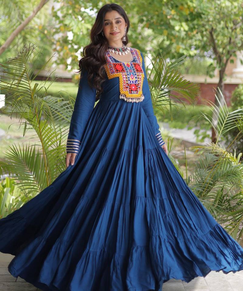 Rama rayon kutchi gamthi thread embroidered & mirror work navratri gown