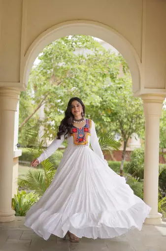 White rayon kutchi gamthi thread embroidered & mirror work navratri gown