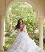 White rayon kutchi gamthi thread embroidered & mirror work navratri gown