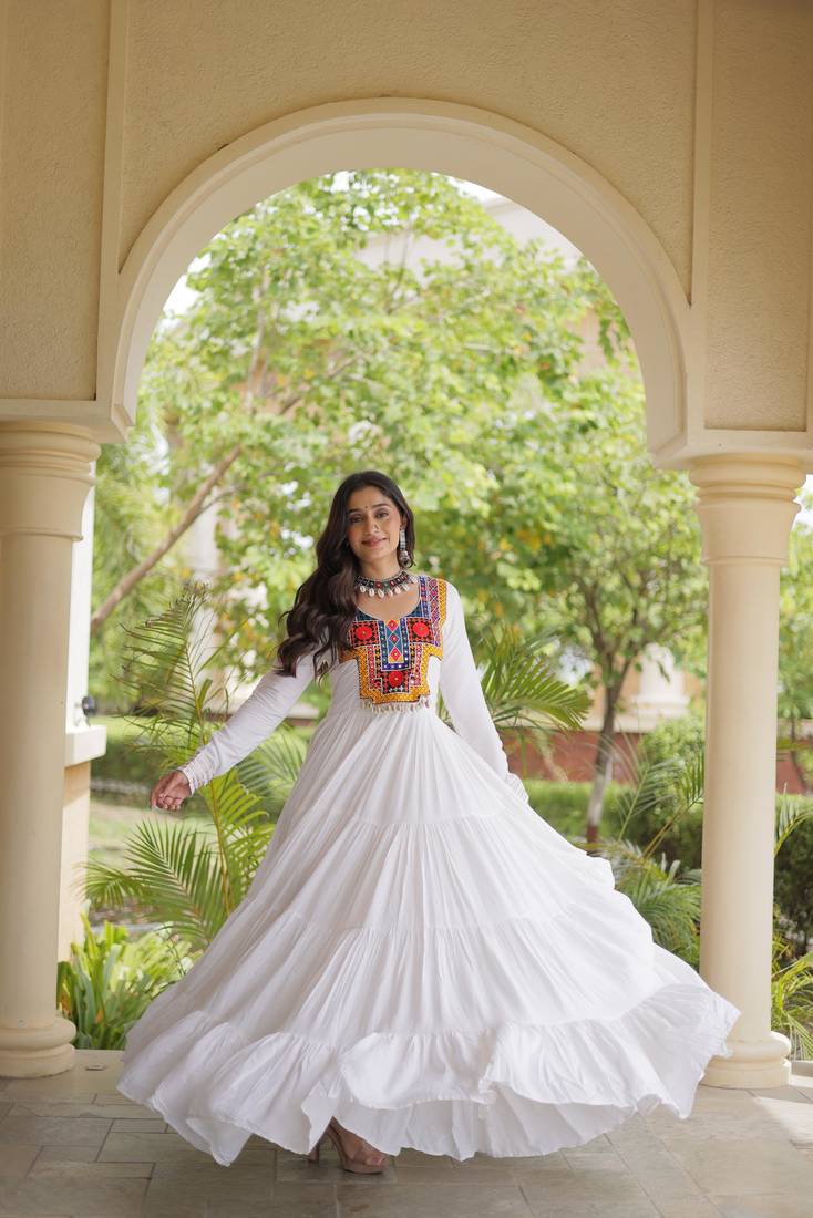 White rayon kutchi gamthi thread embroidered & mirror work navratri gown