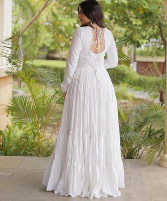 White rayon kutchi gamthi thread embroidered & mirror work navratri gown 2