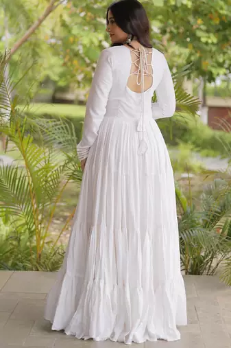White rayon kutchi gamthi thread embroidered & mirror work navratri gown
