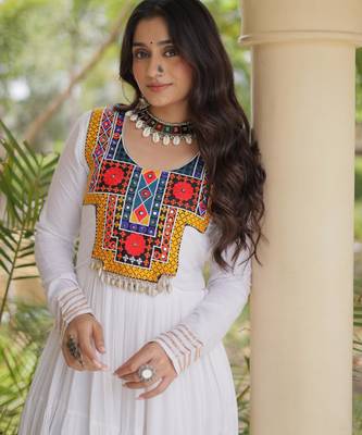 White rayon kutchi gamthi thread embroidered & mirror work navratri gown 3