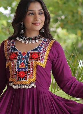 Wine rayon kutchi gamthi thread embroidered & mirror work navratri gown 2