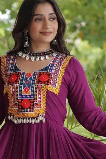 Wine rayon kutchi gamthi thread embroidered & mirror work navratri gown
