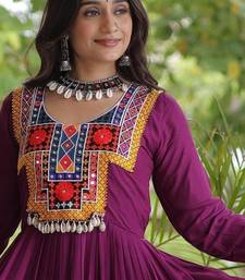 Wine rayon kutchi gamthi thread embroidered & mirror work navratri gown