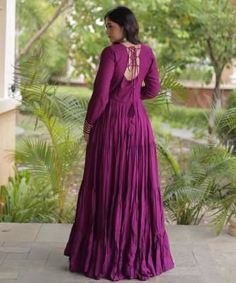 Wine rayon kutchi gamthi thread embroidered & mirror work navratri gown 3