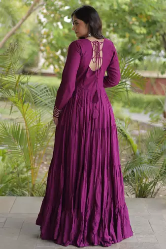 Wine rayon kutchi gamthi thread embroidered & mirror work navratri gown
