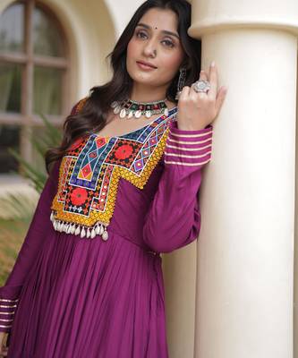 Wine rayon kutchi gamthi thread embroidered & mirror work navratri gown 4