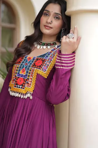 Wine rayon kutchi gamthi thread embroidered & mirror work navratri gown