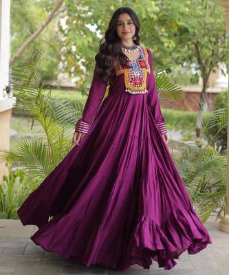 Wine rayon kutchi gamthi thread embroidered & mirror work navratri gown 1