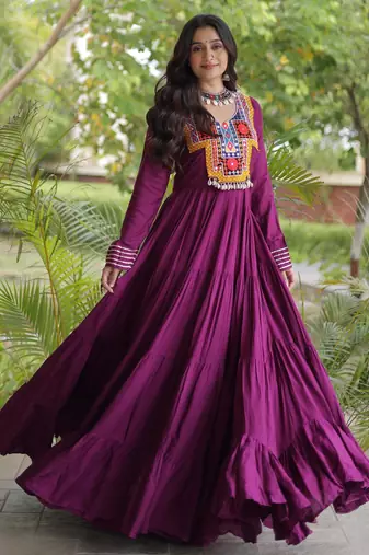 Wine rayon kutchi gamthi thread embroidered & mirror work navratri gown