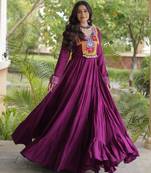 Wine rayon kutchi gamthi thread embroidered & mirror work navratri gown