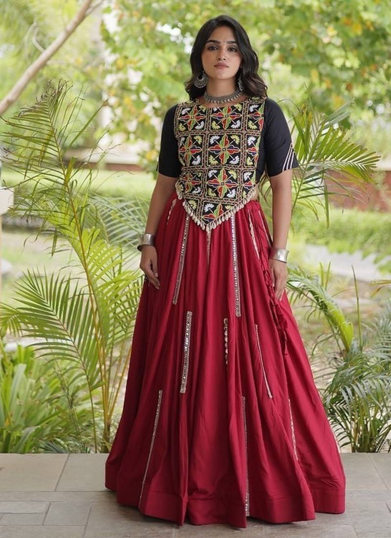 Mirror Work Lehenga Choli with Embroidered Blouse free size stitched