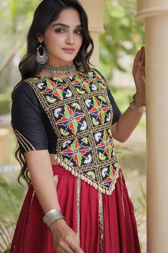 Mirror Work Lehenga Choli with Embroidered Blouse free size stitched