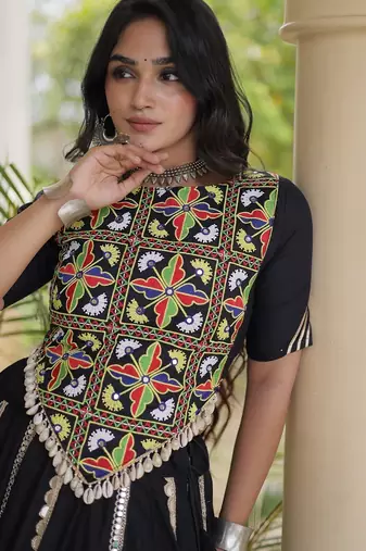 Mirror Work Lehenga Choli with Embroidered Blouse free size stitched