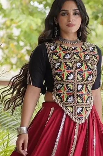 Mirror Work Lehenga Choli with Embroidered Blouse free size stitched
