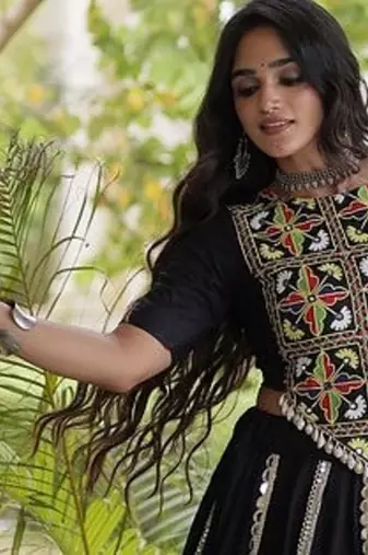 Mirror Work Lehenga Choli with Embroidered Blouse free size stitched
