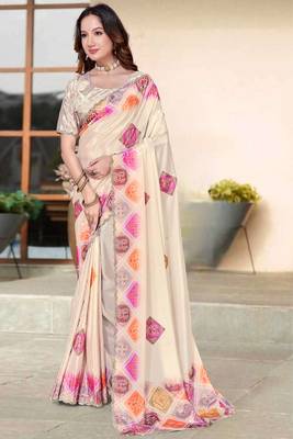 cream color digital printed silk blend saree for women 1